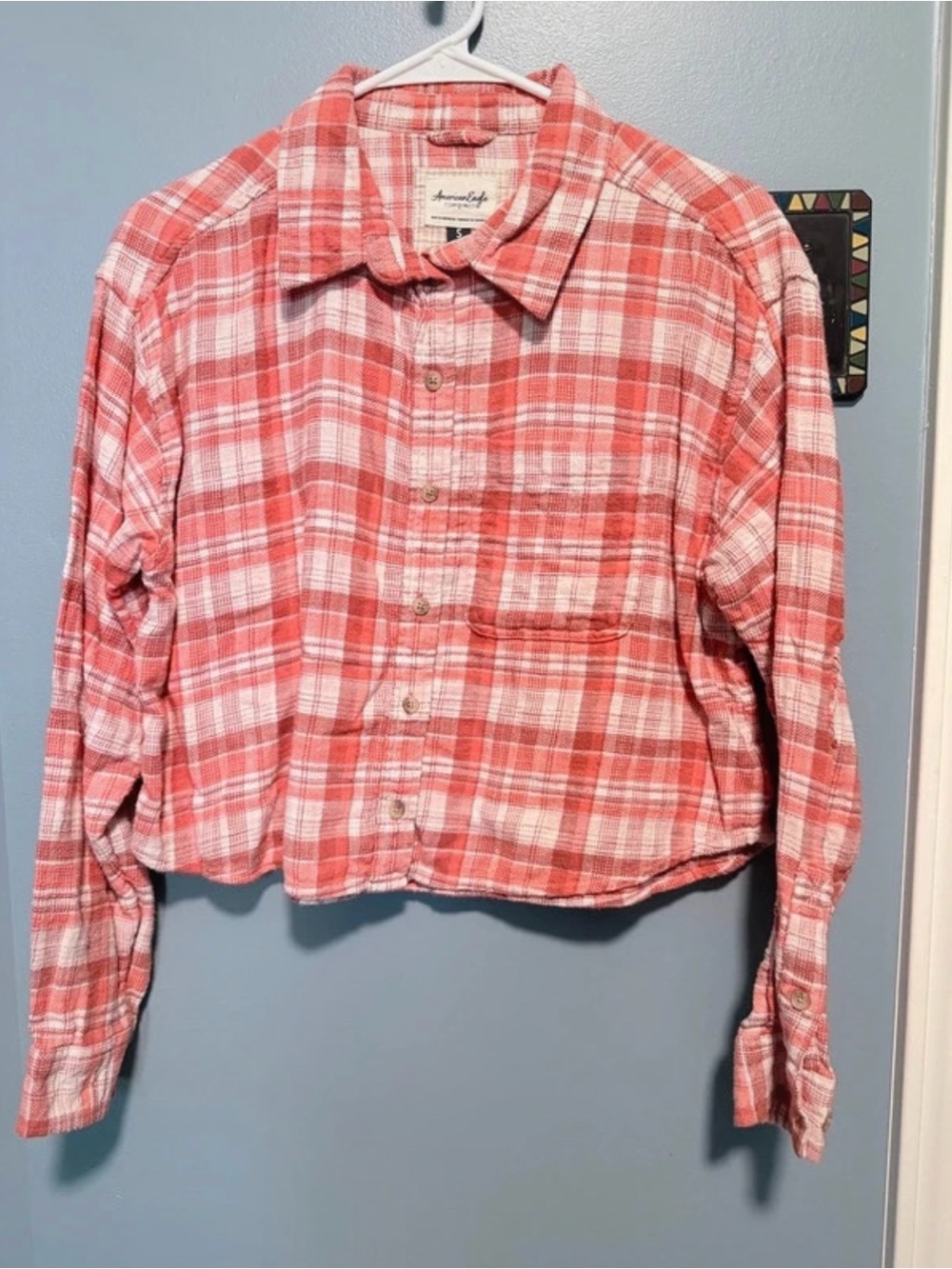 American Eagle Outfitters Coral and White Plaid Button-Down Shirt